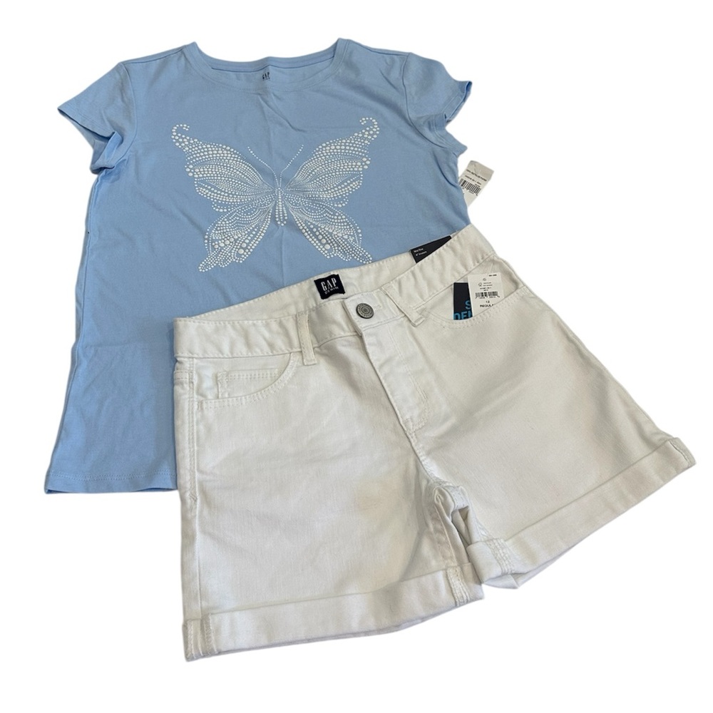 GAPKids Blue Butterfly T-Shirt & White Denim Shorts NTW Girls Size 12 X-Large